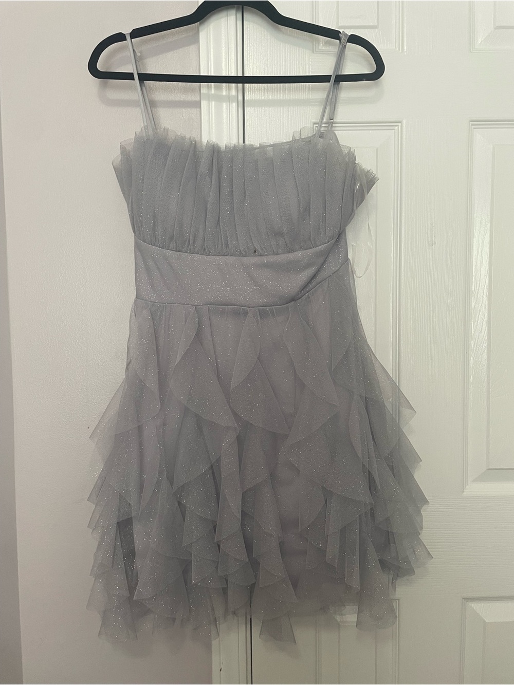 Pear Culture Silver Gray Sparkle Ruffle Tulle Dress